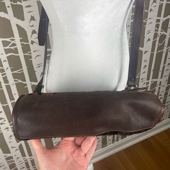 Italian Leather Hair On Hide Cow Print Satchel Chocolate Brown - Picture 4 of 13
